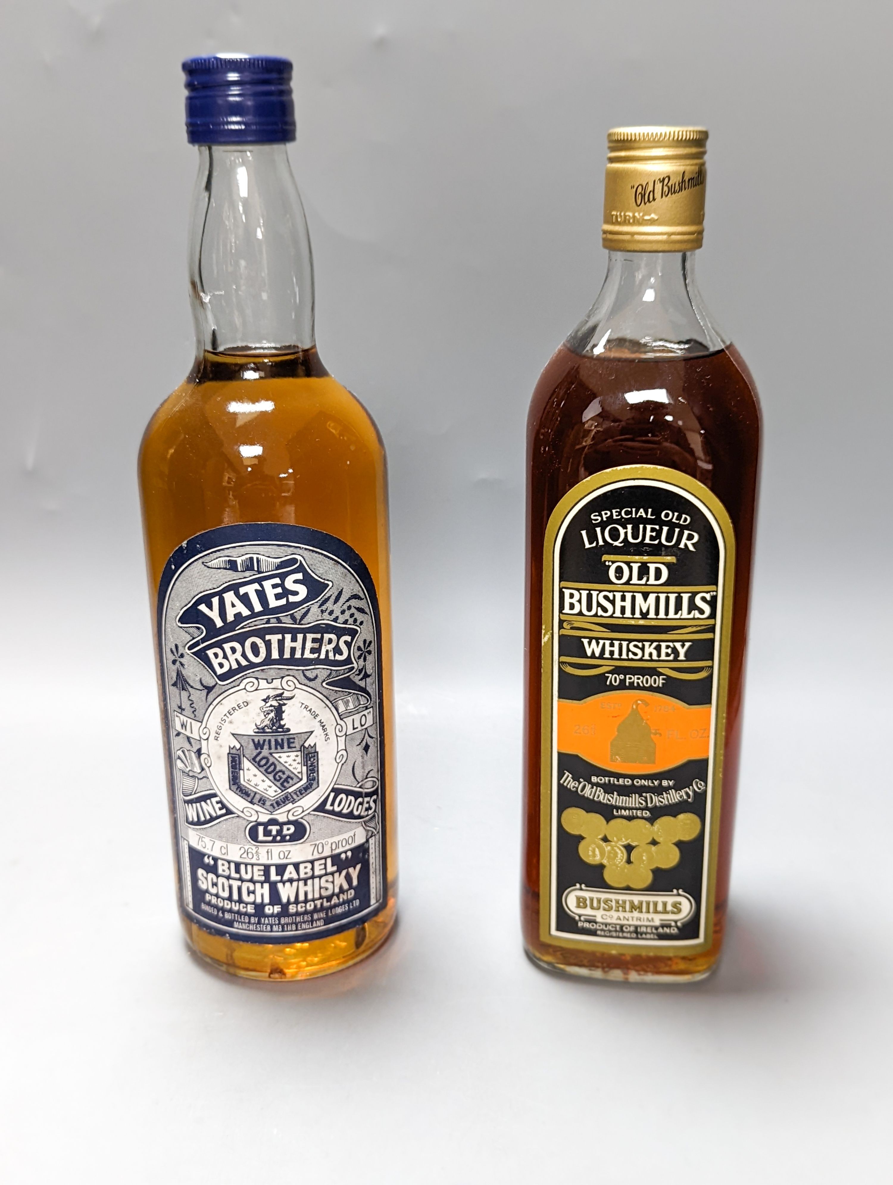 Seven assorted bottles of whisky including Yates Brothers, Bushwalls, IPA single malt, Blair Athol 12 year old single malt, Ledaig single malt, Knockando 18 year old malt and Glenfiddich malt, five boxed.